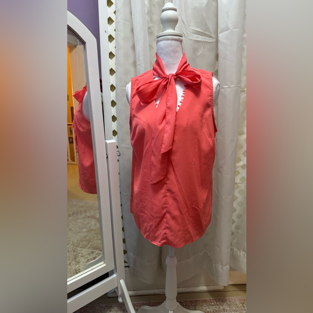 Elegant Coral Bow Tie Blouse